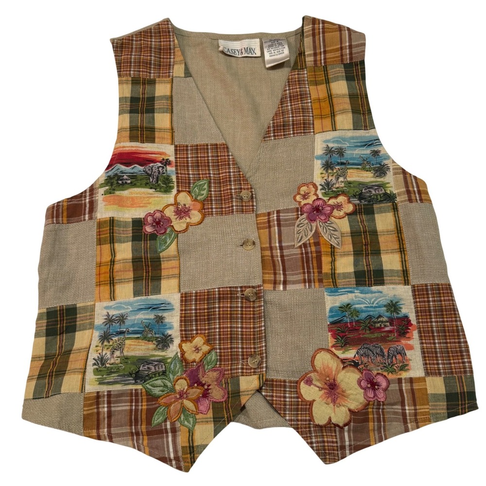 Vintage 90s Patchwork Vest Safari Animal Print Floral Boho Artsy Y2K 100% Cotton